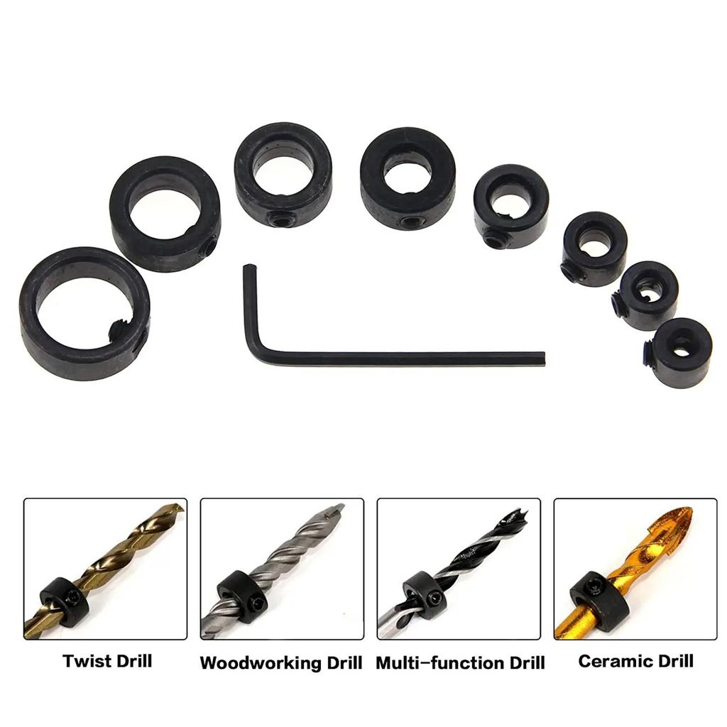 8Pcs Drill Bit Depth Stop Collar Set Adjustable Positioner Rings Split Rings 3-16mm with Wrench for Woodworking Tools