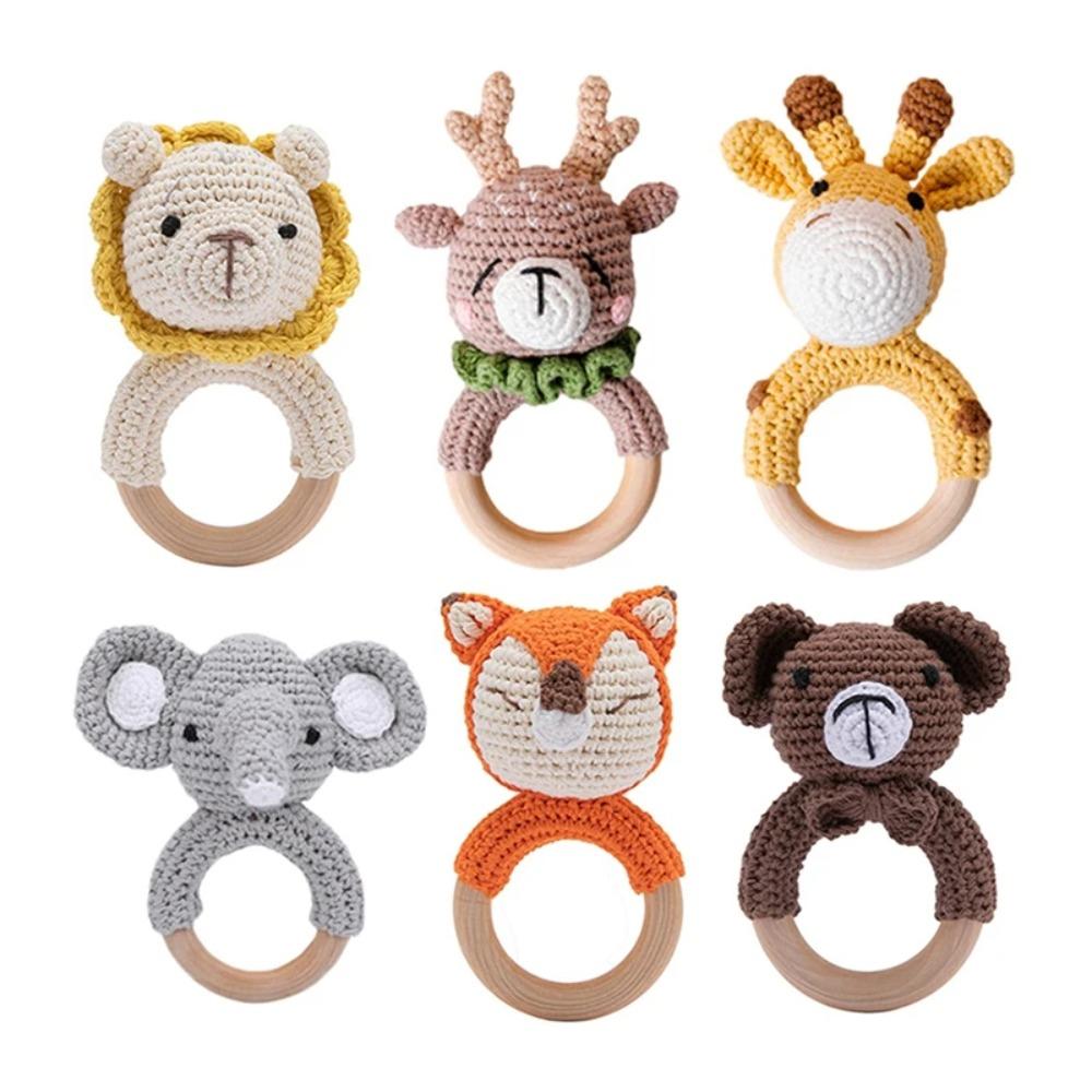 

Wood Ring Cartoon Bear Rattles Toys Crochet Baby Ratter Toys 0-12 Months Baby