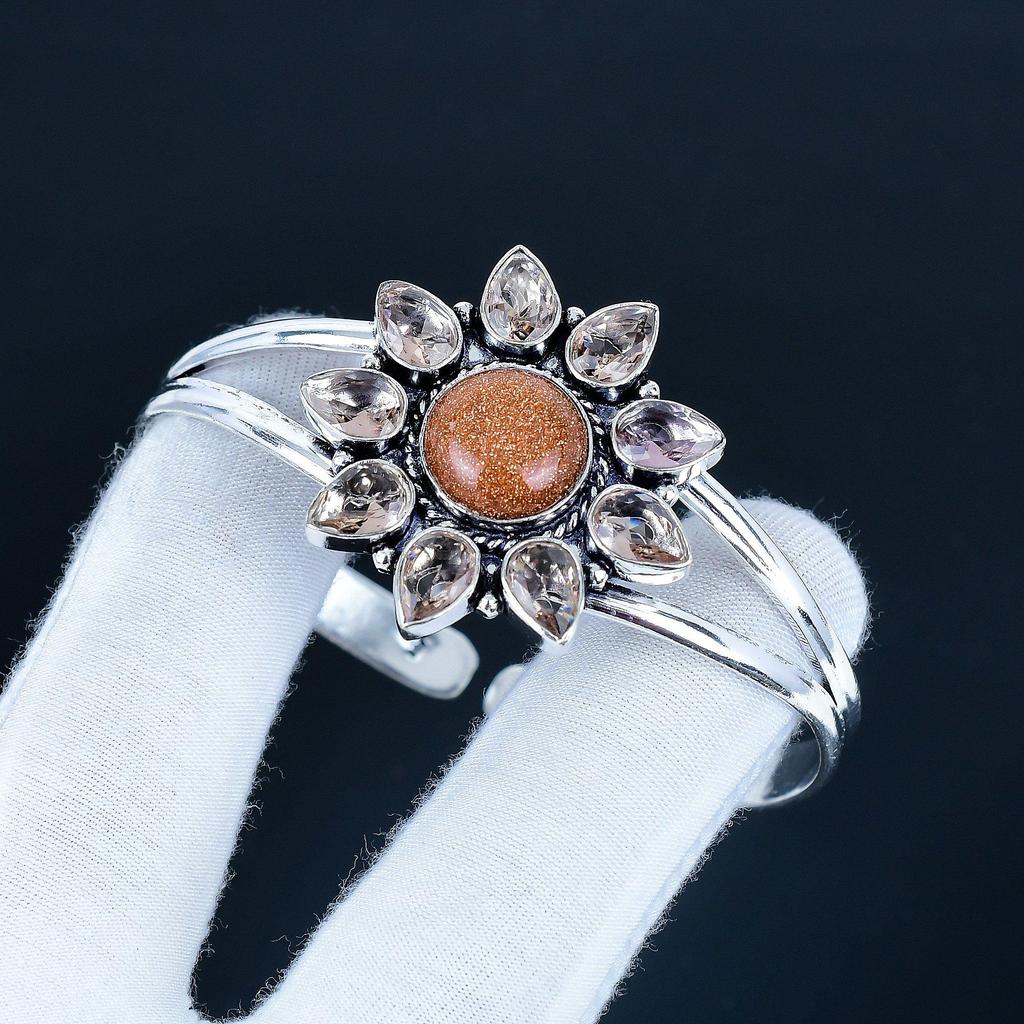 Natürlicher Roter Sonnenstein Edelstein Handgefertigter Armreif 925 Sterlingsilber Armreif, Morganit Blume Form Armband für Ehefrau, Unisex Armreif