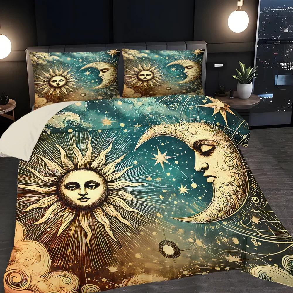 Comforter 3Pcs Gorgeous Sun Moon Texture Printed Quilt Set- Includes 1 And 2 Pillow (Without Filler)