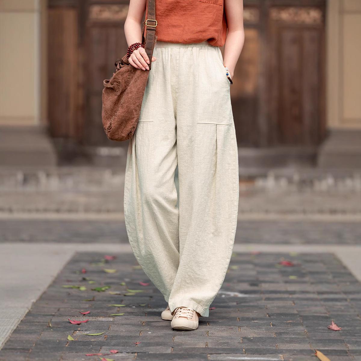 Весенне-Летние Литературные Хлопково-Льняные Свободные и Тонкие Повседневные Литературные Брюки Женские Блумеры S