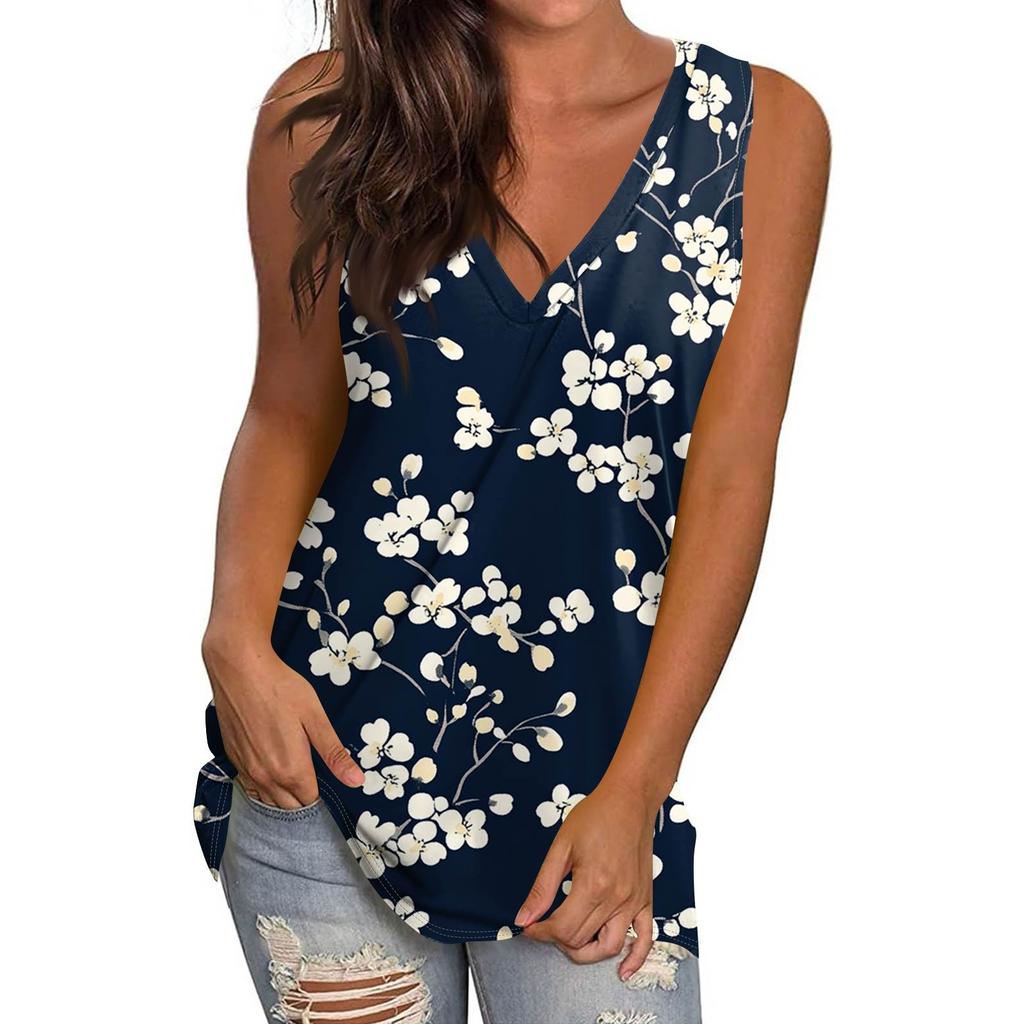 Women's Casual Fashion V-Neck Sleeveless Pullover Top Printed Vest T-Shirt