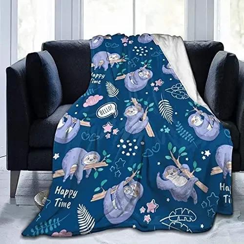 Cartoon Sloth Flannel Throw Blanket Cute Wild Animals Lazy Sloth Blanket for Bed Sofa Couch Warm Lightweight Super Soft Blanket