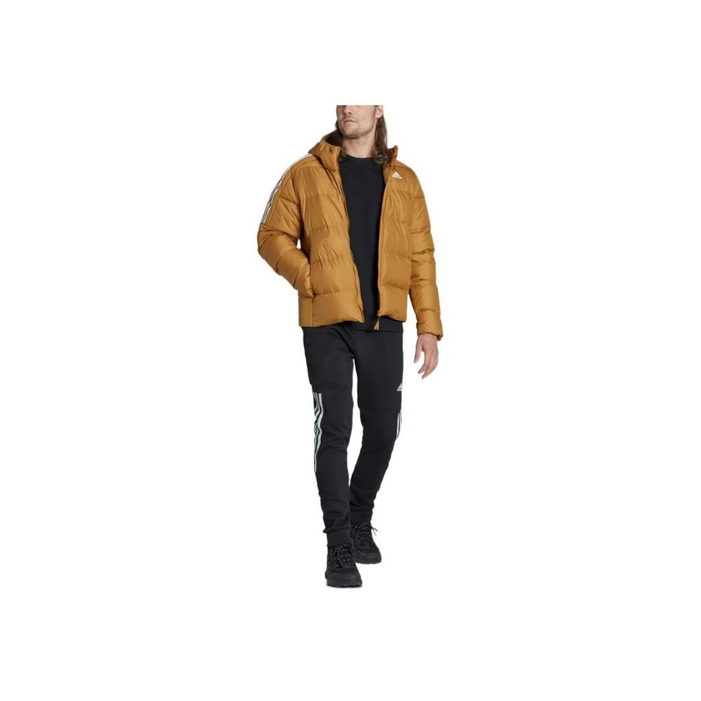 adidas Striped Letter Logo Print Hooded Down Jacket Men Outerwear Brown HK4640