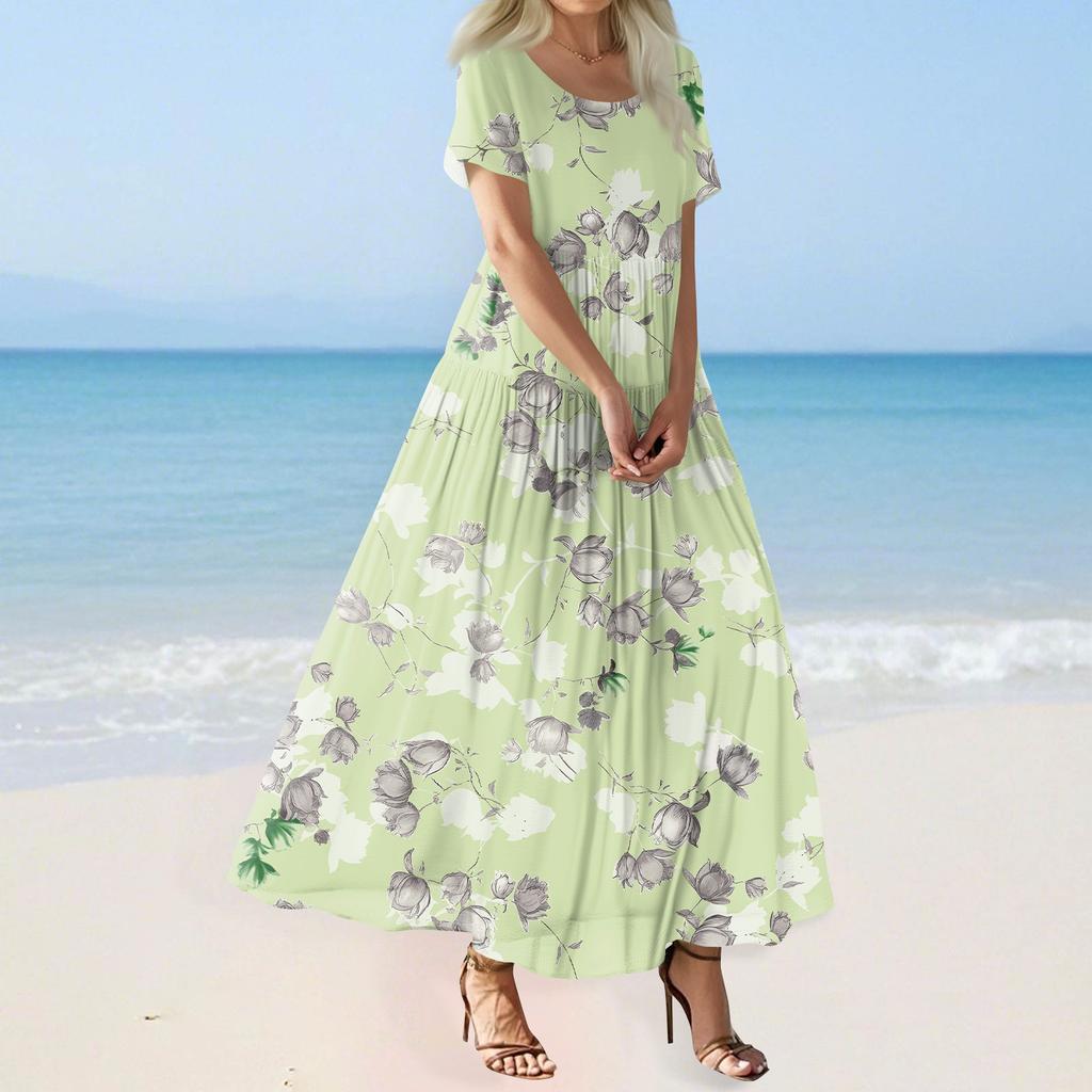 Women's Summer Casual Floral Print Short Sleeve O Neck High Waist A Line Tiered Flowy Boho Maxi Dress
