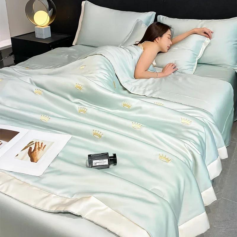 High-end Embroidered Spring Summer Quilt 4 Pcs Set or 3 Pcs Set or 1 Pcs Luxury Skin- Friendly Summer Blanket Lightweight Duvet