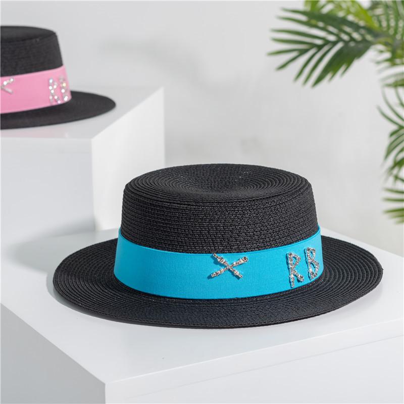 2022 new rhinestone RB letter flat top hat sunscreen black and white straw hat top hat holiday straw hat