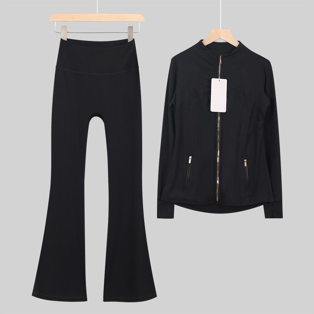 In Stock: Women's Gold Jacket & Flare Pants - High Stretch, Slimming Sports Yoga Set