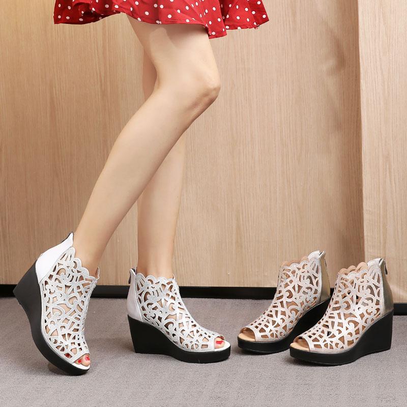 Fashion GKTINOO 2025 Summer New Open Toe Hollow Rhinestone Shoes Wedge Sandals High Heel Sandals Fashion Elegant Women Sandals