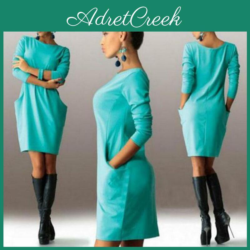 Elegant Summer Solid Casual O Neck Long Sleeve Bodycon Dress With Pockets