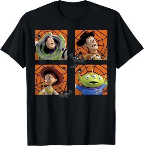 Pixar Toy Story Halloween Buzz Woody Spiderweb Panels TShirt Black S