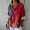 Women's Fashionable Casual V-neck Button Seven Quarter Sleeve Printed Cotton And Linen Top