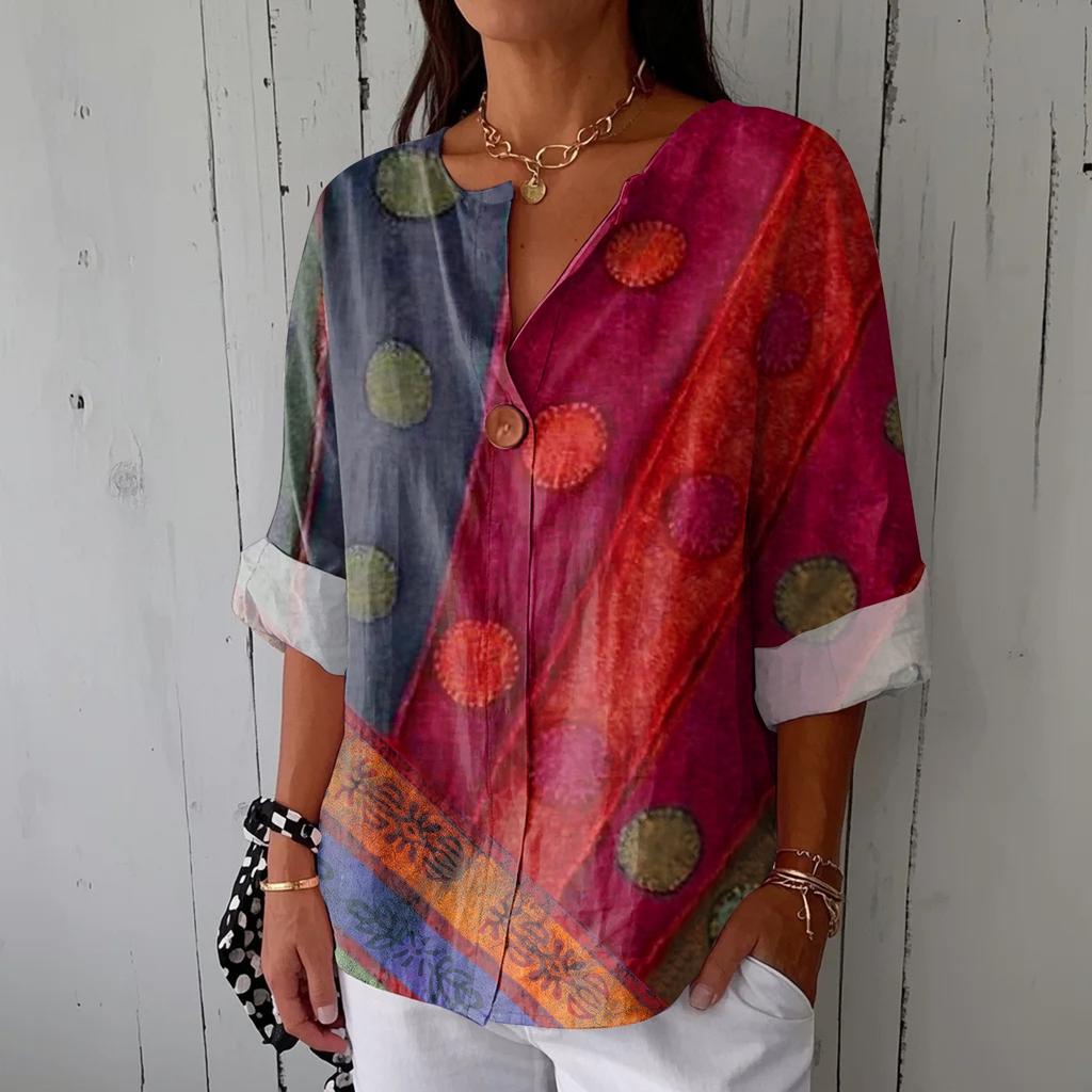 Women's Fashionable Casual V-neck Button Seven Quarter Sleeve Printed Cotton And Linen Top