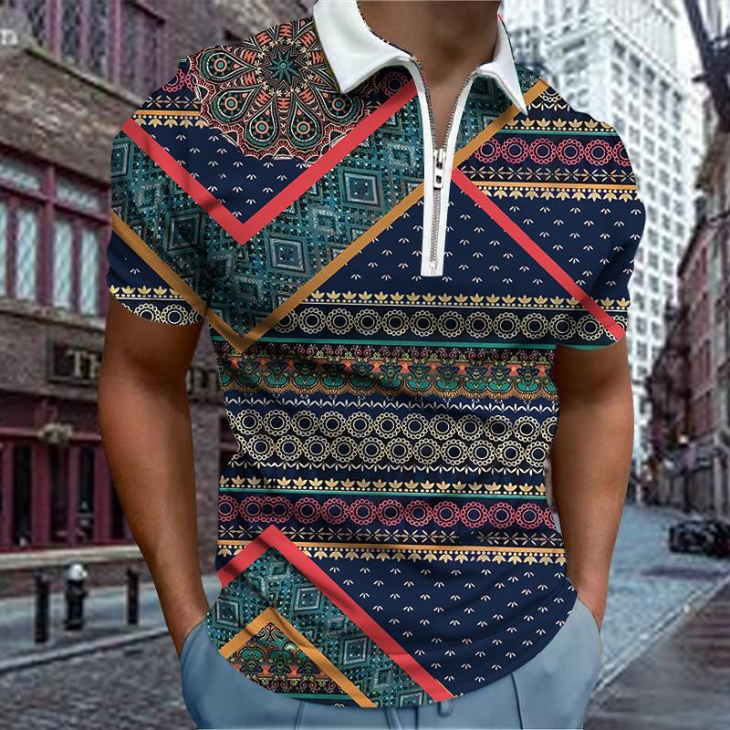 Casual Lapel T-shirt Young Men's Fashion Zipper T-shirt Short Sleeve T-shirt Men's 3D Retro Grid Print T Shirt