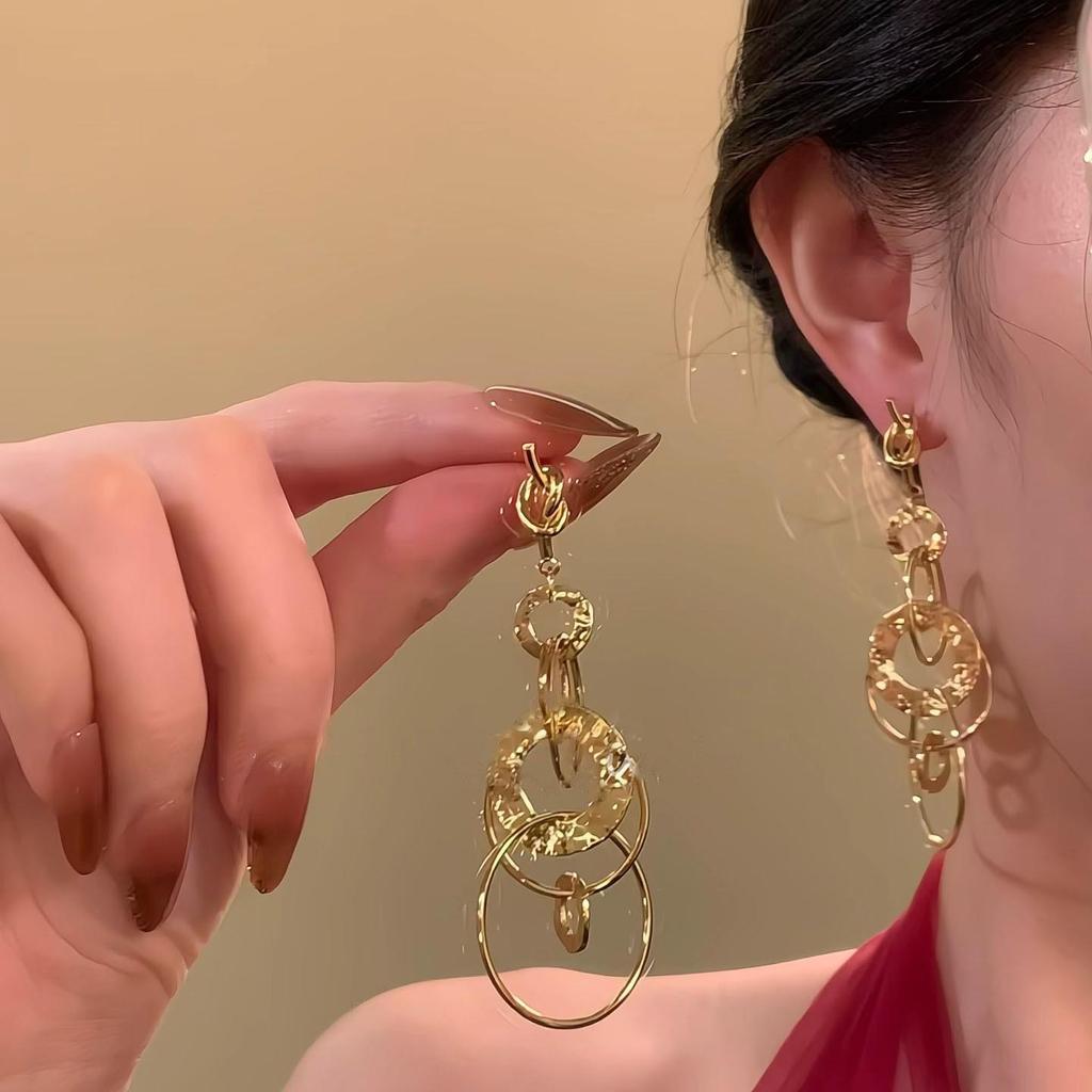 Silver Needle Geometric Openwork Round Pendant Earrings with European and American Exaggerated Style for Women.