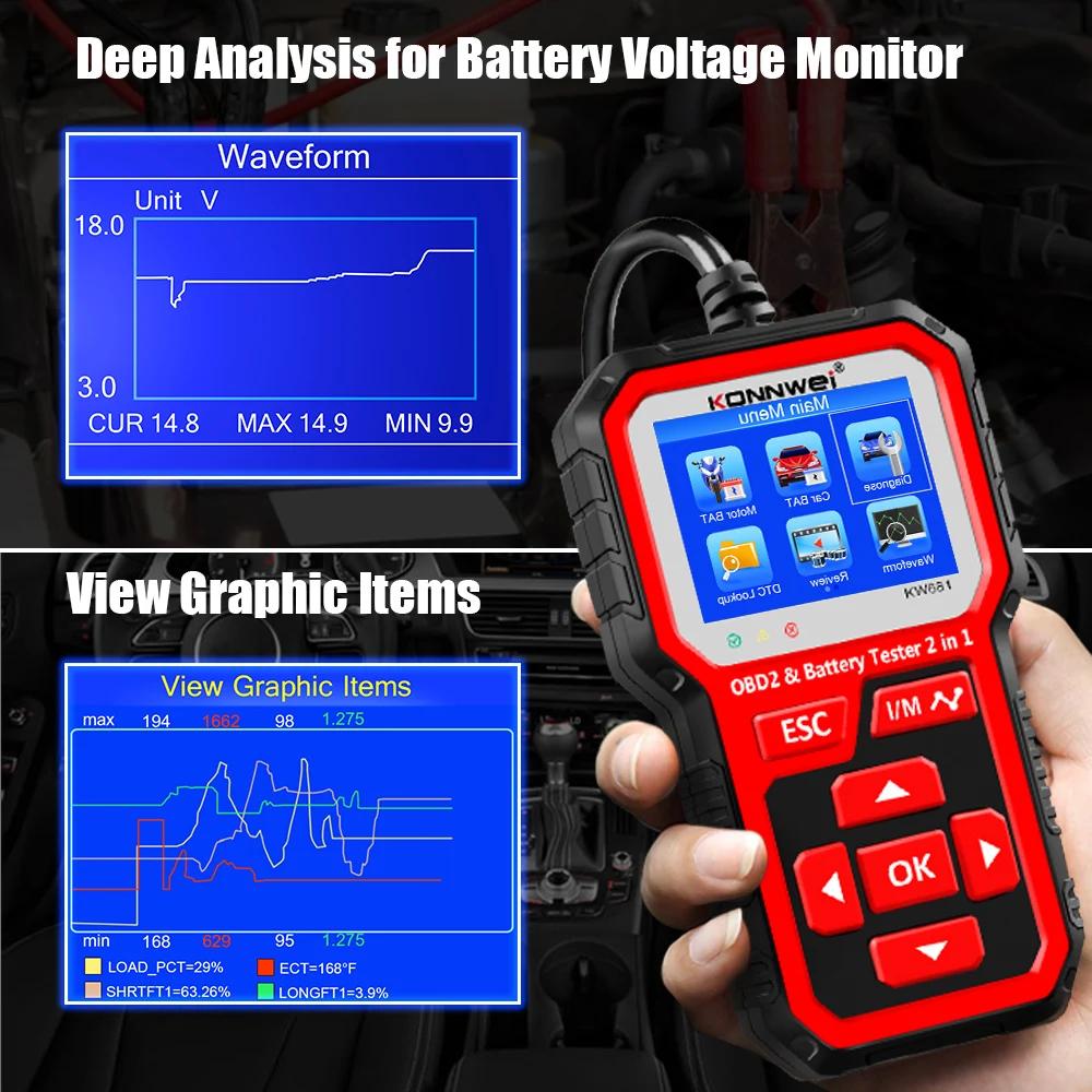2025 KONNWEI KW681 Professional Car OBD2 Scanner Auto Diagnostic Tools 6V12V 2 In 1 Car Motorcycle OBD2 Battery Tester Tools