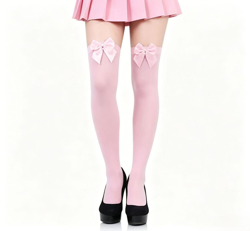 In-Stock Pink Over-the-Knee Women's Socks, Summer Thin Style with Bow, JK Ballet Style White Stockings