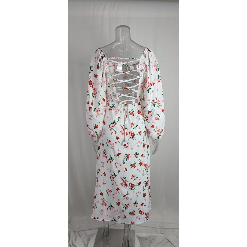 Printed Square Neck A-line Dress Women's Temperament Sexy Backless Slit Tied Dress Spring 2025