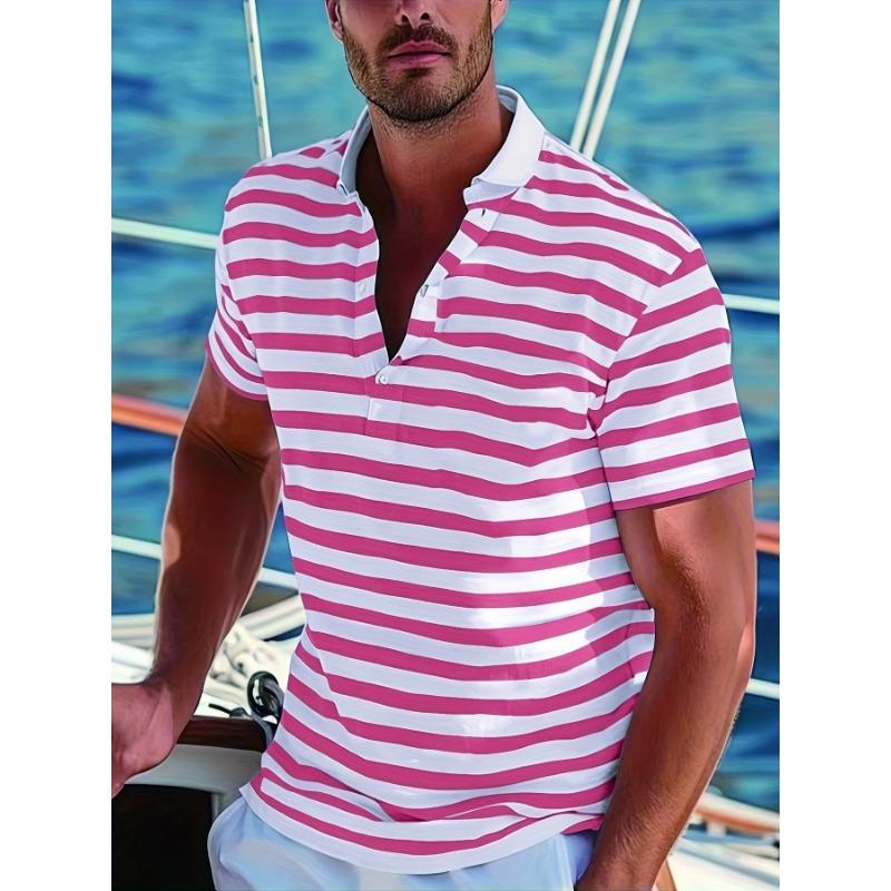 Summer Men's Blue White Striped Polo Shirt Nautical Short Sleeve Top