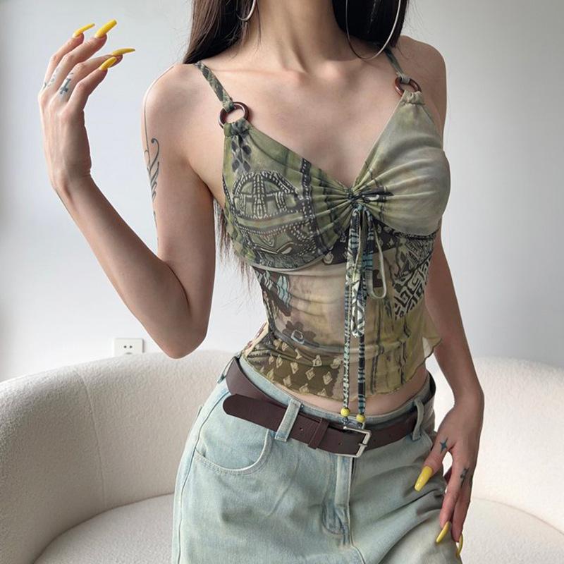 Western Wilderness Vintage Circle Lace Up Bow Personalized Mesh Suspender Babe Sexy Pleated V-Neck Vest