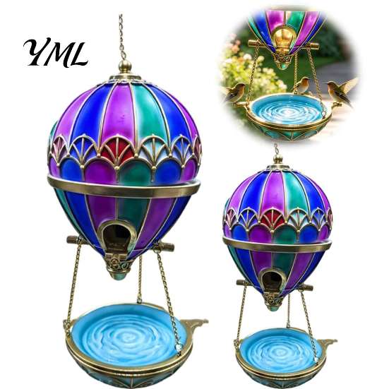 Patio Porch Bird Decor Stained Glass Hot Air Balloon Feeder Fountain, Hanging with Water Fountain Easy Fill Tray, Vintage Bronze Outdoor Garden