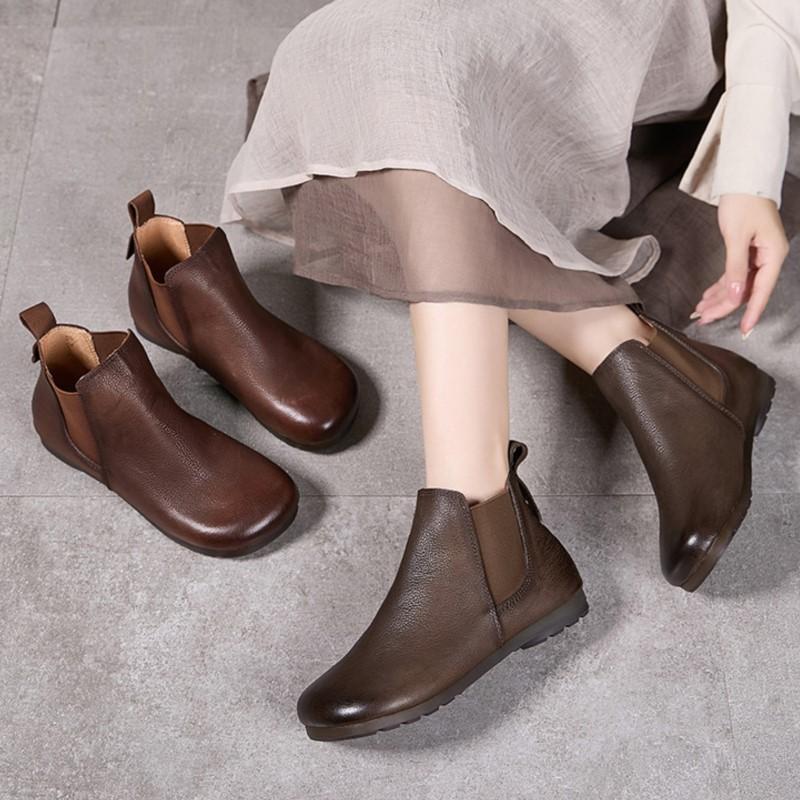 Johnature Solid Color Genuine Leather Flat Ankle Boots Round Toe Soft Soled Slip-on Women's Shoes