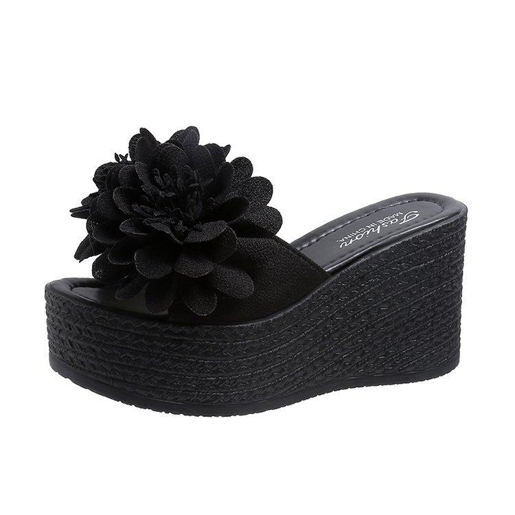 New European and American one-word muffin slippers wedge heel thick bottom large size high heel cool slippers