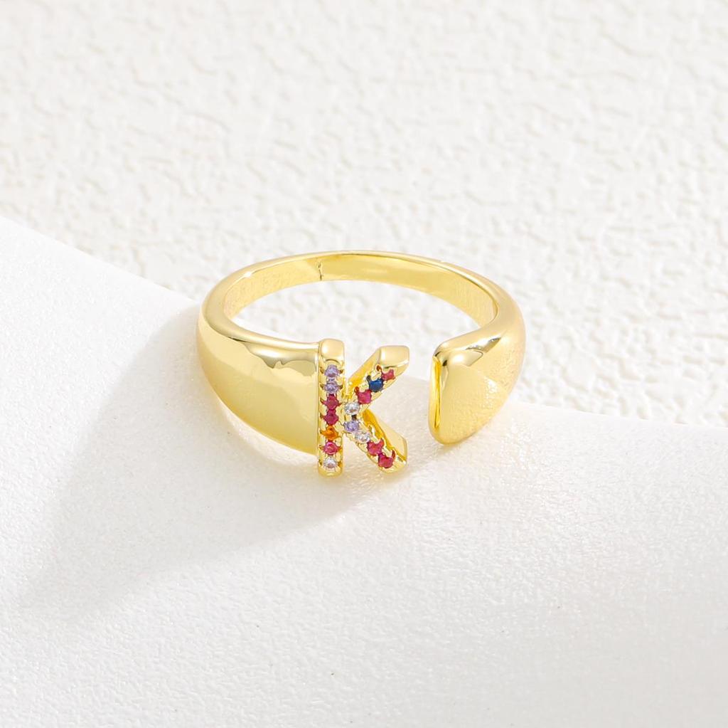 Fashionable Colorful Zircon Alphabet Adjustable Retro Ring