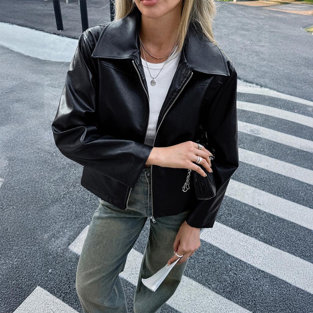 Simple Long-sleeved Leather Jacket for Women 2025 Autumn and Winter