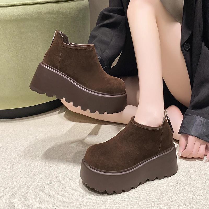 Moda 8CM Zamszowe Platformowe Damskie Śniegowce do Kostki Projektant Klamra Wysokie Obcasy Buty Trend Moda Nowe Gladiator Zima Botas De Mujer