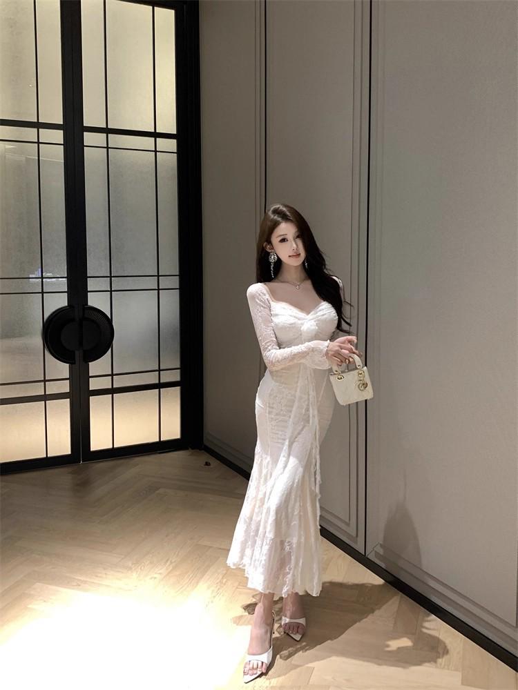2026 French 3D Floral Ribbon Long Sleeve Lace Slimming Fishtail Formal Dress for Women