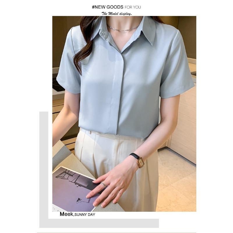 Chiffon Shirt for Women Summer Temperament Professional Shirt Polo Collar Short-sleeved Formal Shoulder Blouse