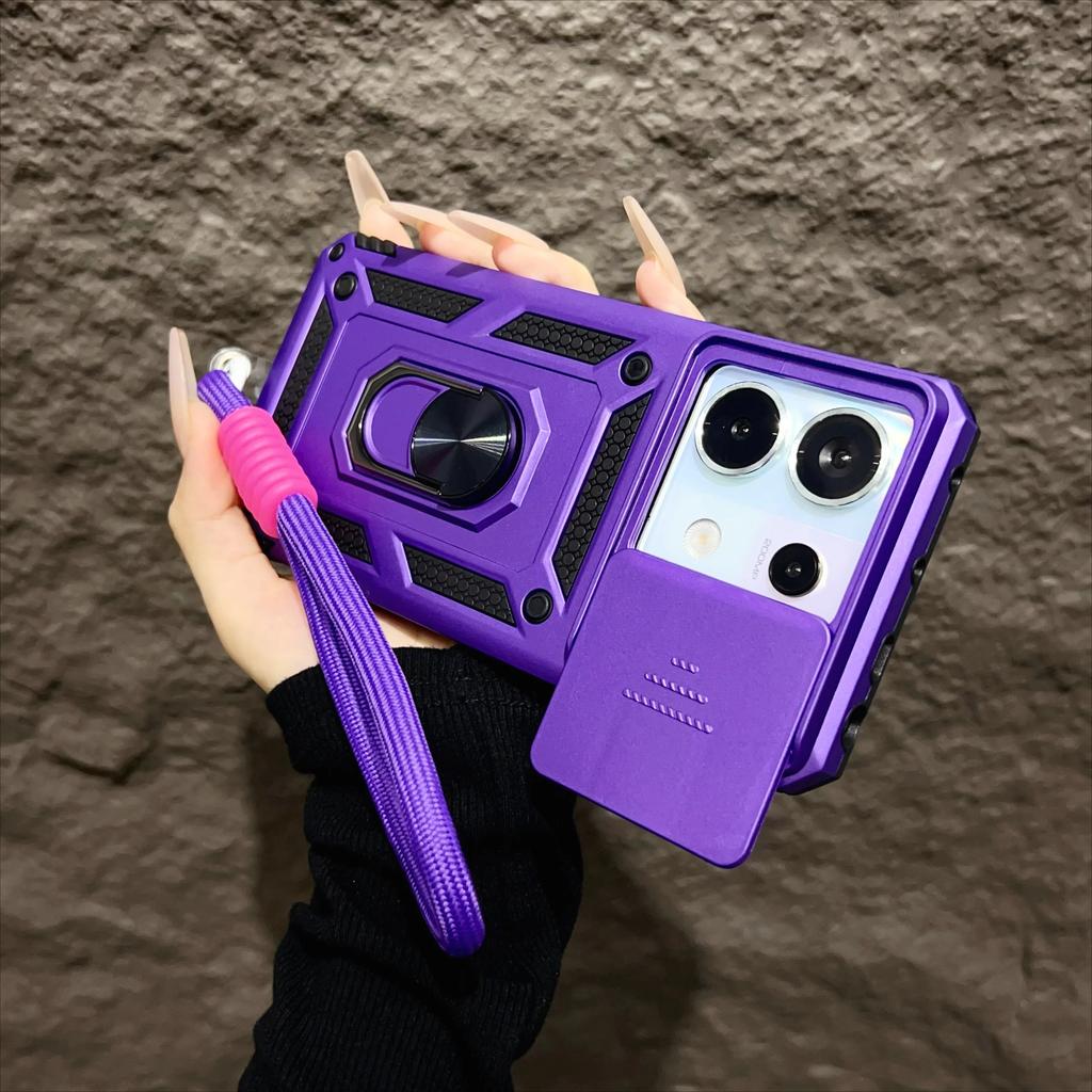 For Xiaomi 14T Pro Case Magnetic Ring Stand With Lanyard Slide Camera Protection Armor Cover for Redmi Note 13 12 Pro 5G 4G 13C