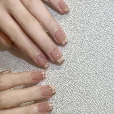 24 Pcs Short Ballerinas Press On Nail French Tip Full Cover Stick On Nail Elegant Artificial Nail Glossy False Nail