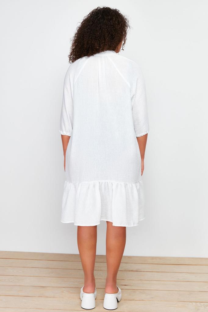 Women's Style Plus Size White V-Neck Flounce Hem Beach Dress