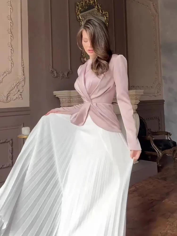 Women's Fashion Color Block Pleated Maxi Dress, Elegant Suit Long-Sleeved Dress