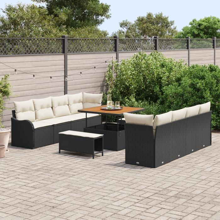 Ensemble de canapé de jardin 11 pièces avec coussins Noir Poly Rattan Acacia, Canapé de jardin deux places avec coussins 3362245
