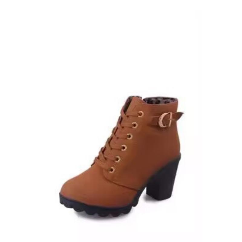 Autumn and Winter New High-heeled Women's Boots Cross-strap Short Boots Belt Buckle Thick-heeled Martin Boots Leather Boots Women Shoes
