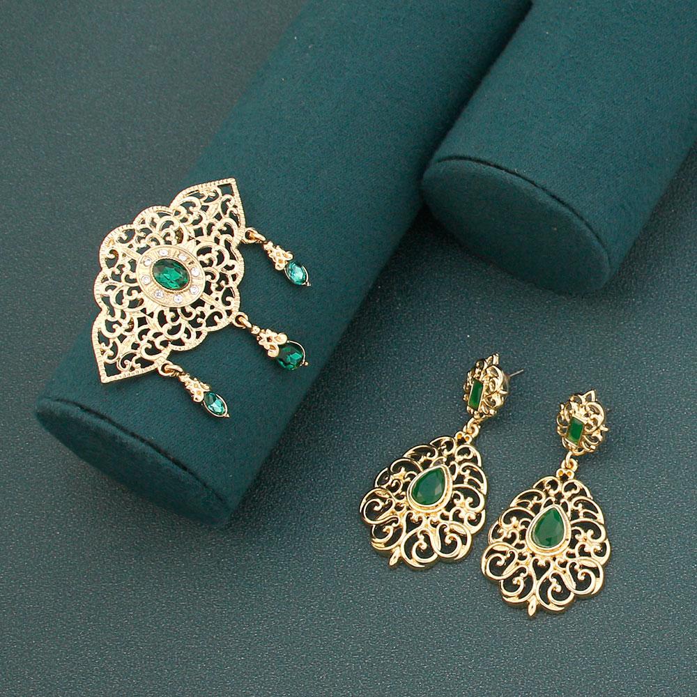 Gold Color Bohemia Women Brooch Earring Sets Bride Jewelry Tassel Brooch Pins Flower Earring