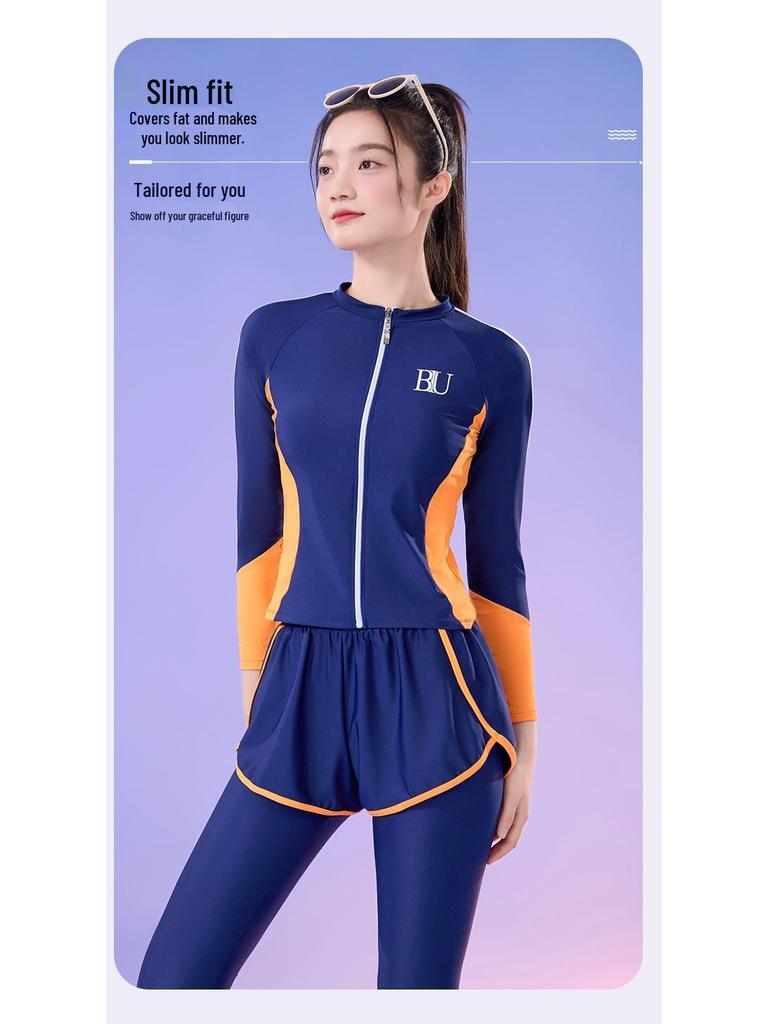 Costum de surf pentru femei, din patru piese, modelator, cu protecție solară - Set costum de baie cu mânecă lungă pentru vacanța la plajă, pe stoc