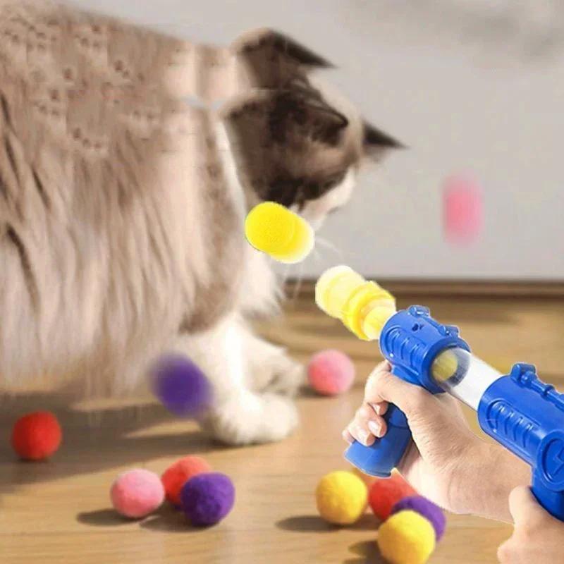 Cat Toys Launch Training Interactive Shooter Gun Teaser Plush Ball Pet Creative Games Stretch Mini Pompoms Kittens Supplies