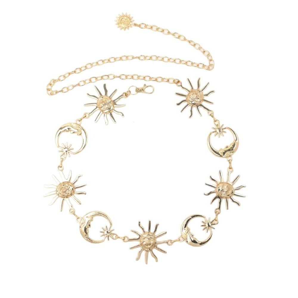 Vintage Sunflower Waist Chain Golden Silvery All-match Sun Moon Star Chain Belt Waistbands Women's Waist Clothing Accessories