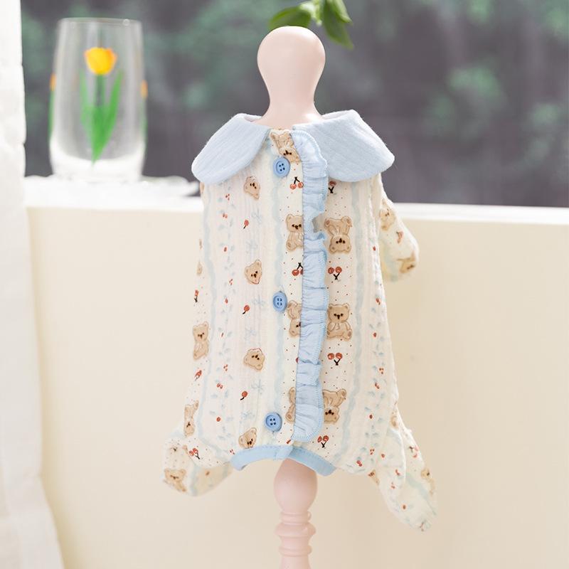 Spring and Summer Pet Cartoon Soft Double-Layered Cotton Dress for Cats and Dogs with Four-Tail Collar XS