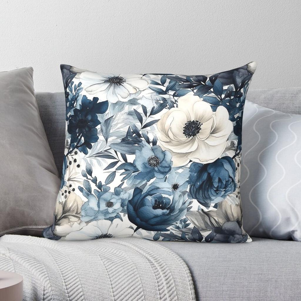 Navy White Watercolor Flowers Square Pillowcase Polyester Linen Velvet Creative Decor Throw Pillow Case Home Cushion Cover