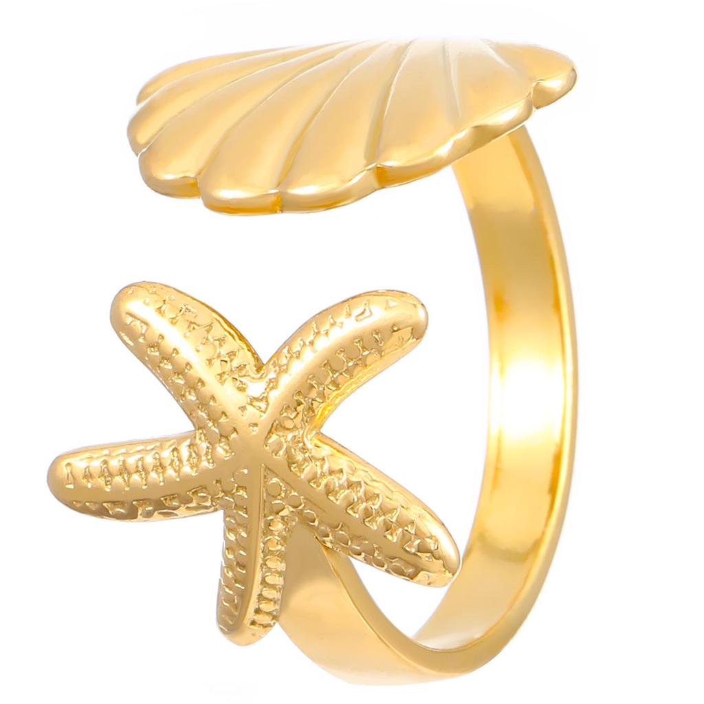 Stainless Steel Starfish & Seashell Open Ring - Ocean Holiday Style Jewelry for Women