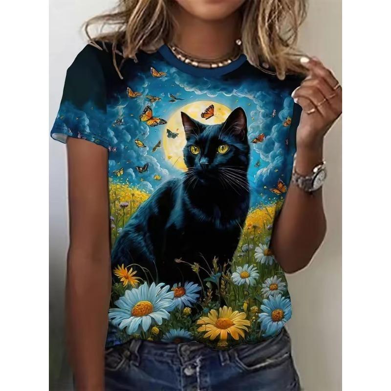 Summer Fashion Women's T-Shirt Cat Dog Animal Print Print 3D Printed Short Sleeve Tops Girl Loose Casual Loose Oversize Outdoor Clothing