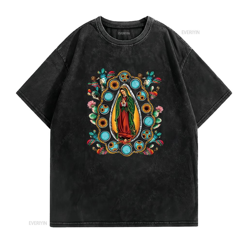Mexican Serape Turquoise Our Lady of Guadalupe Mex Women S T Shirt Fashion Forward Style Vintage Washed Stylish Soft Homme