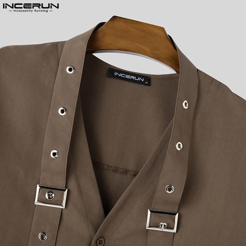 INCERUN Pánské tričko s výstřihem do V, ramenní stuhou, dlouhým rukávem, knoflíky, nadměrné