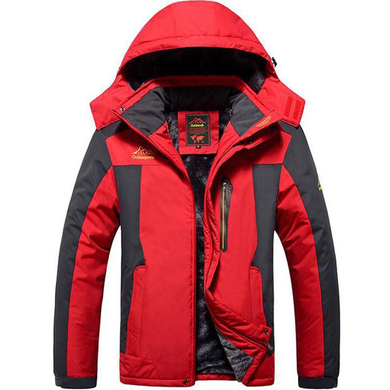 Men's Plus Size Windproof Mountain Jacket with Thick Fleece Lining and Printed Logo