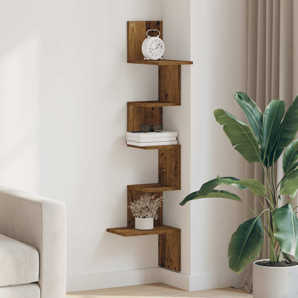 Wall Mounted Corner Shelf Vintage Wood Look 32 X 32 X 127.5 Cm Engineered Wood